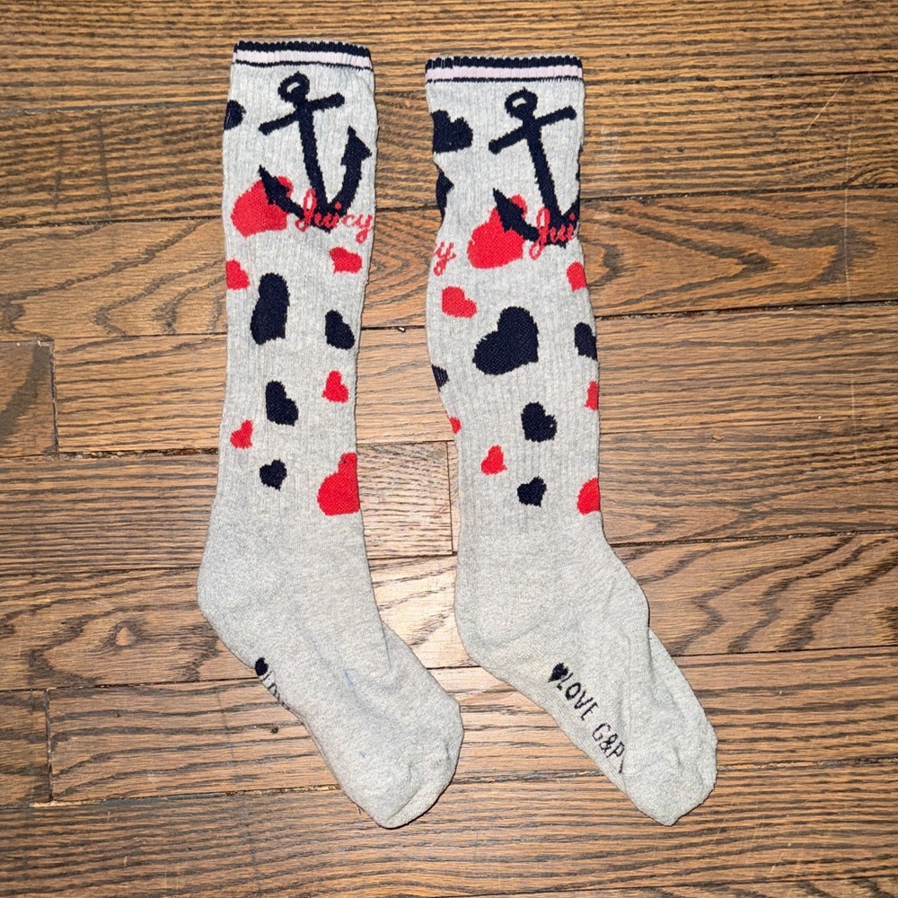 Juicy Couture Gray Knee-High Socks with Red & Black Heart and Anchor Motif